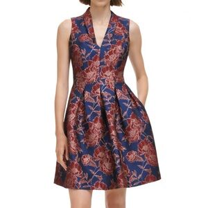 Vince Camuto Fit & Flare Pleated Minidress | Size 2 | Red & Navy Cocktail Dress
